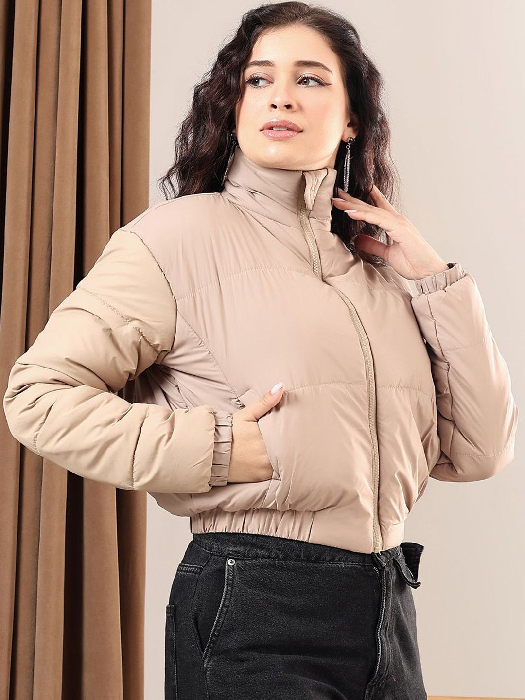 Kotty Women Mock Collar Solid Casual Puffer Insulator Jacket