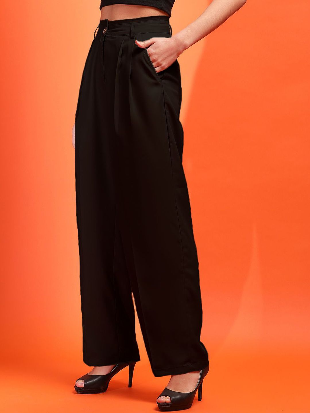 Kotty Women Straight Fit High-Rise Easy Wash Pleated Trousers