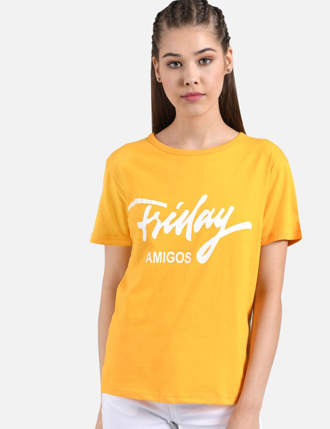 Kotty Women Mustard Yellow & White Printed Round Neck T-shirt