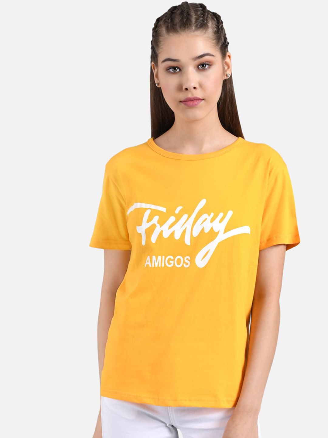 Kotty Women Mustard Yellow & White Printed Round Neck T-shirt