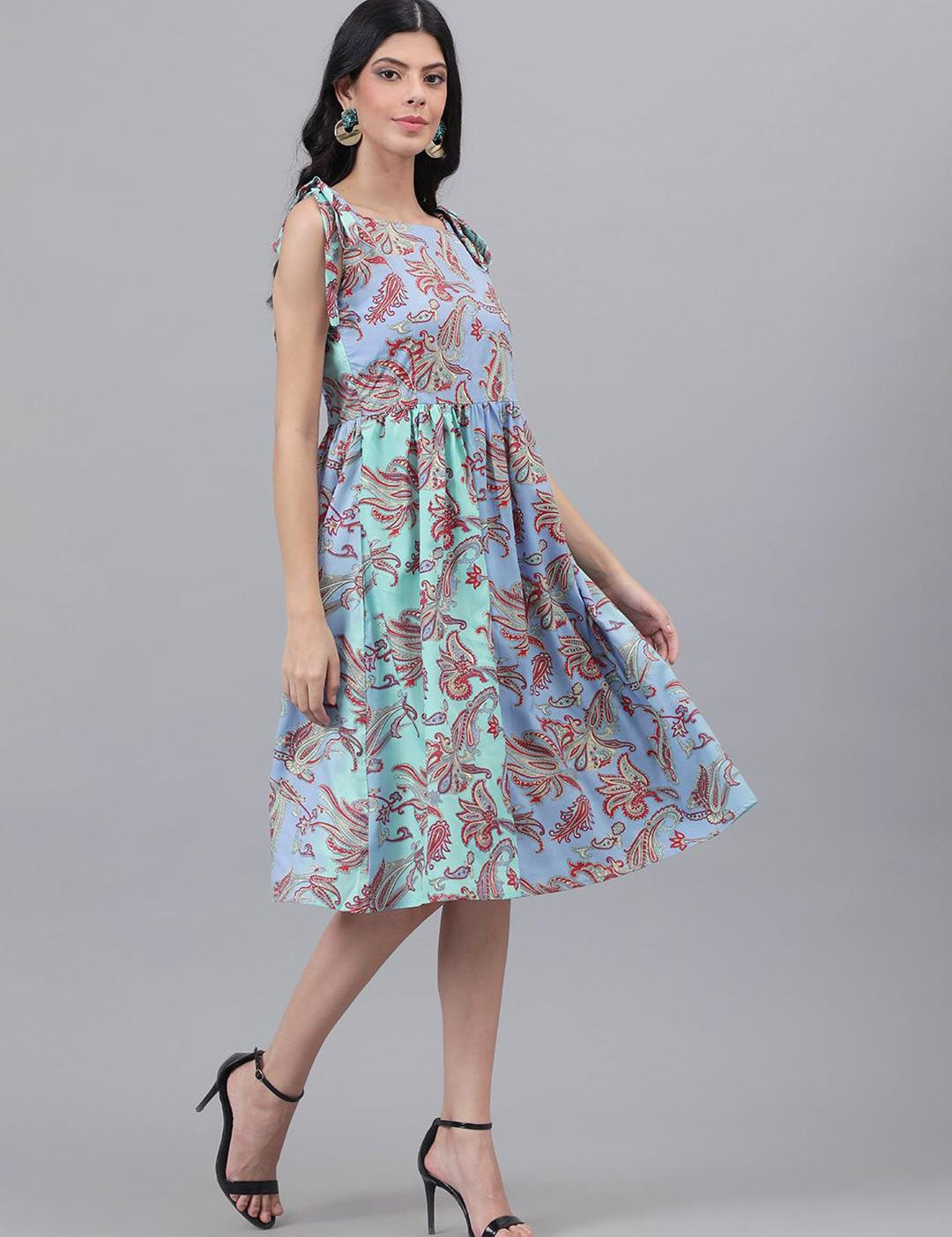 Kotty Purple And Sea Green Paisley Printed Fit & Flare Midi Dress