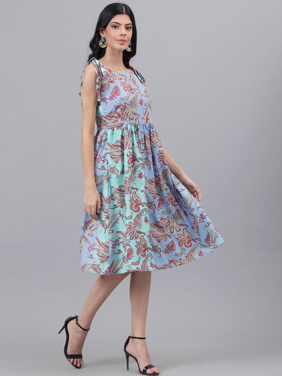 Kotty Purple And Sea Green Paisley Printed Fit & Flare Midi Dress