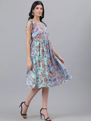 Kotty Purple And Sea Green Paisley Printed Fit & Flare Midi Dress