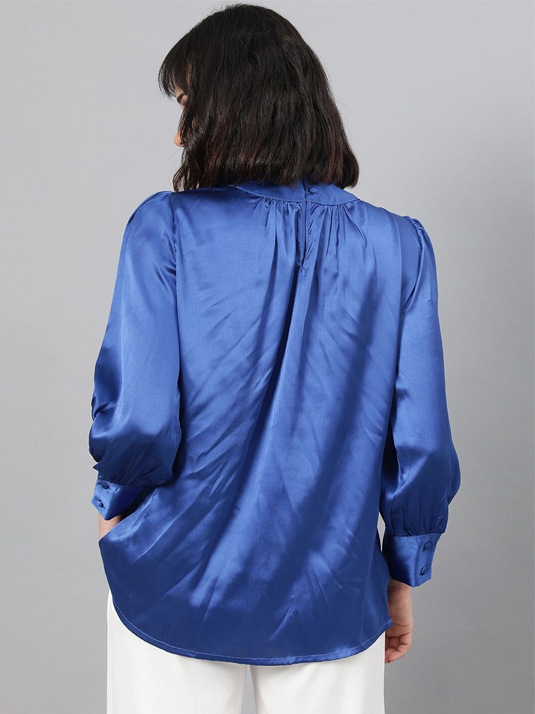 Kotty Blue High Neck Cuffed Sleeve Pleated Satin Top