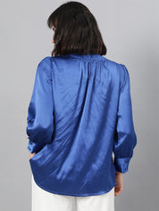 Kotty Blue High Neck Cuffed Sleeve Pleated Satin Top