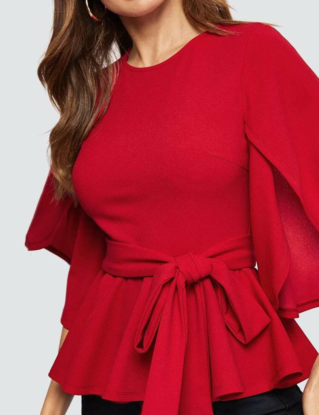 Kotty Red Waist Tie-Up Flared Sleeves Top
