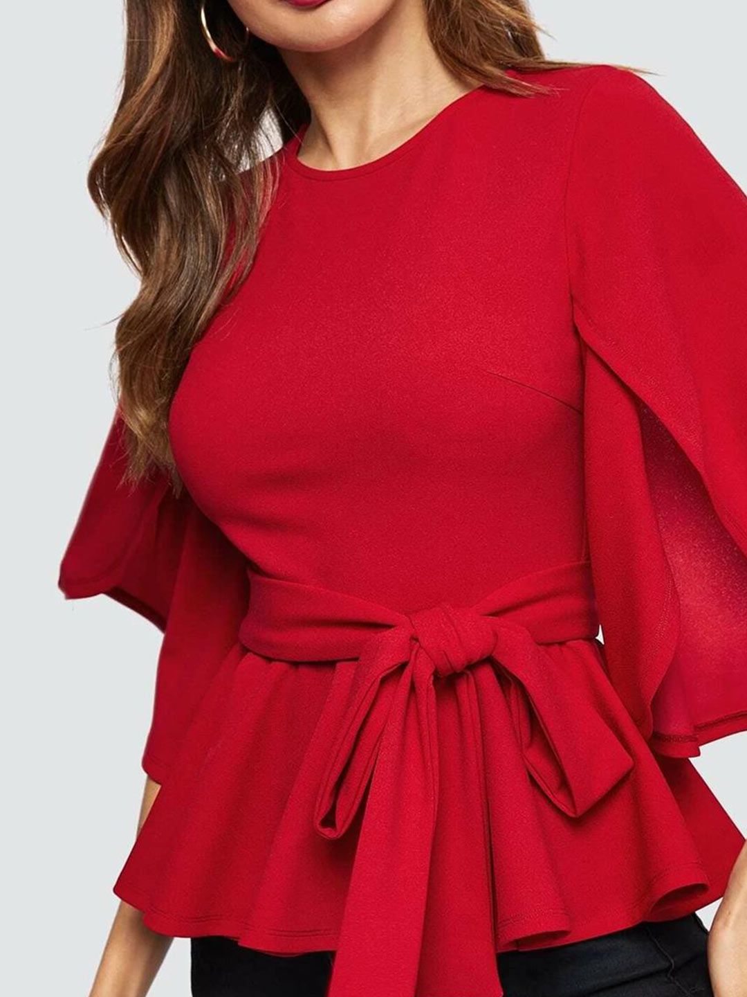 Kotty Red Waist Tie-Up Flared Sleeves Top