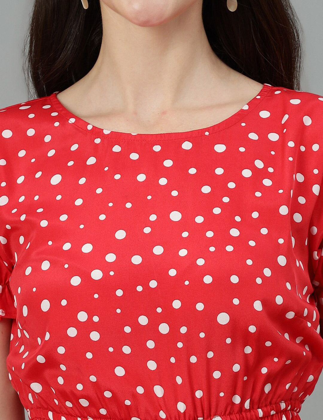Kotty Red & White Polka Dot Printed Puff Sleeve Crepe Tiered Fit & Flare Midi Dress