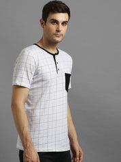Kotty Men White Checked Henley Neck T-shirt