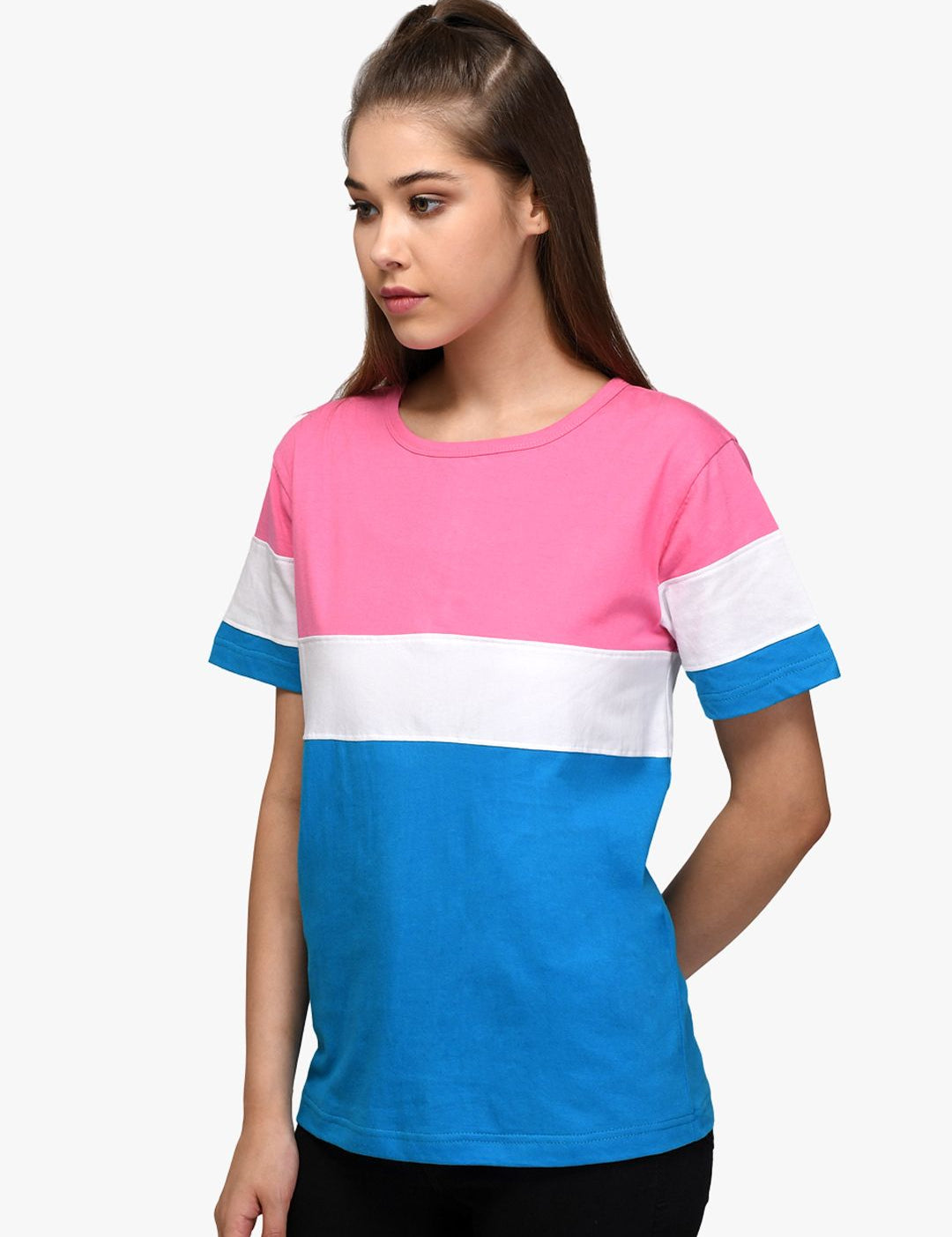 Kotty Women Blue & Pink Colourblocked Round Neck T-shirt