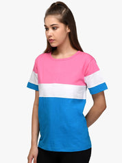Kotty Women Blue & Pink Colourblocked Round Neck T-shirt