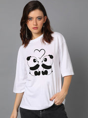 Kotty White Graphic Printed Round Neck Oversized T-shirt