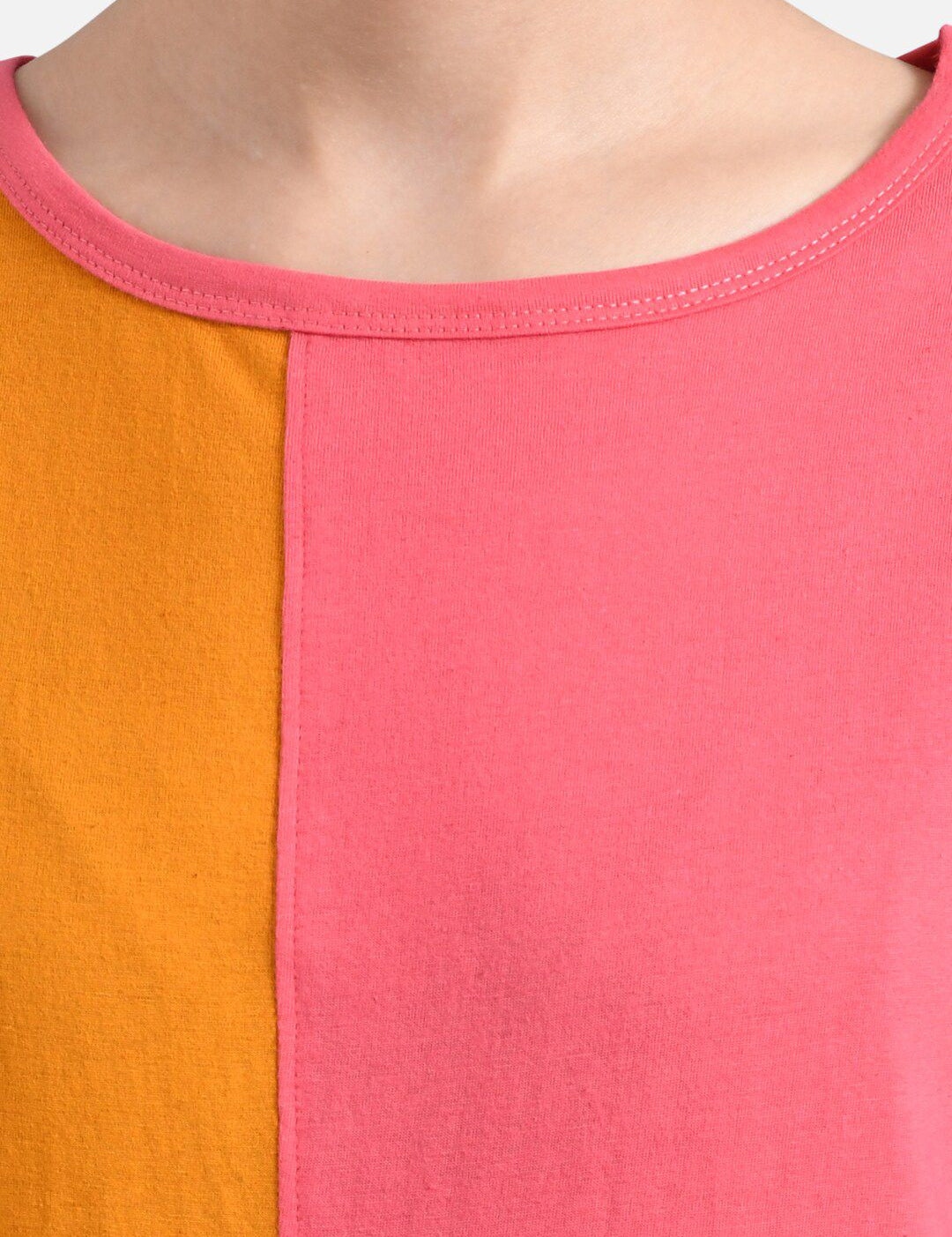 Kotty Women Pink & Mustard Yellow Colourblocked Round Neck T-shirt