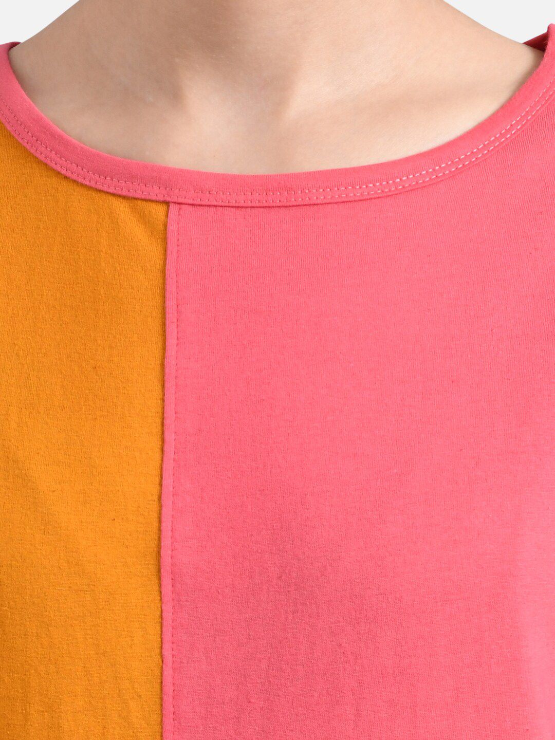 Kotty Women Pink & Mustard Yellow Colourblocked Round Neck T-shirt