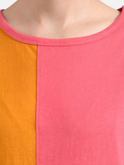 Kotty Women Pink & Mustard Yellow Colourblocked Round Neck T-shirt