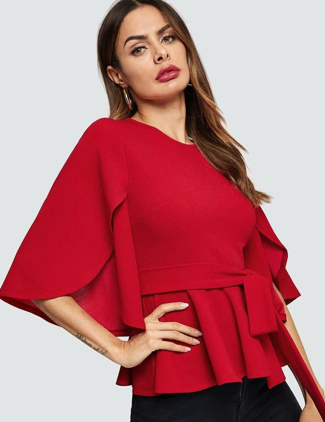 Kotty Red Waist Tie-Up Flared Sleeves Top