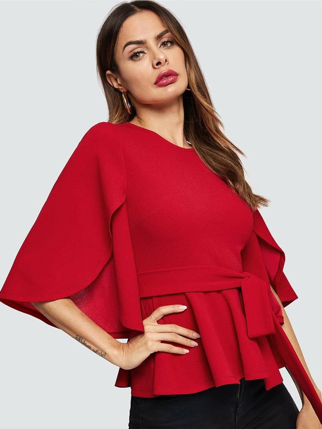 Kotty Red Waist Tie-Up Flared Sleeves Top