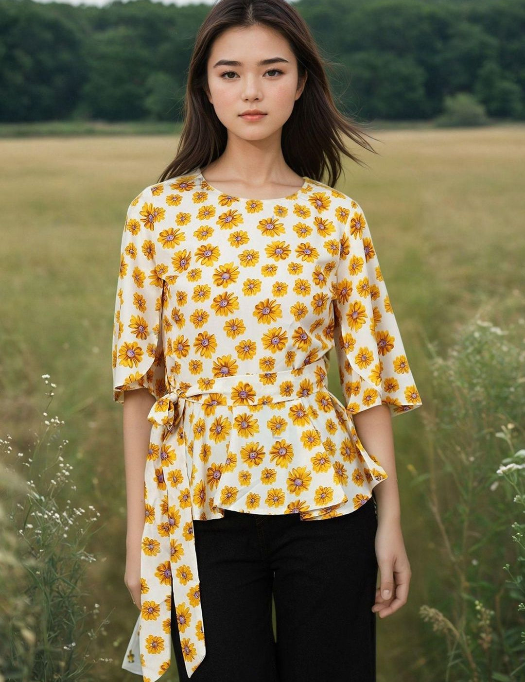 Kotty Women Floral Printed Flared Sleeve Cinched Waist Top