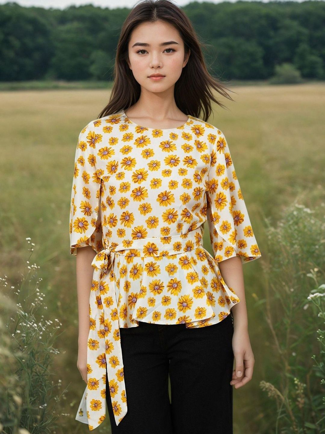 Kotty Women Floral Printed Flared Sleeve Cinched Waist Top