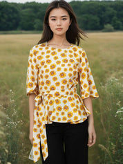 Kotty Women Floral Printed Flared Sleeve Cinched Waist Top