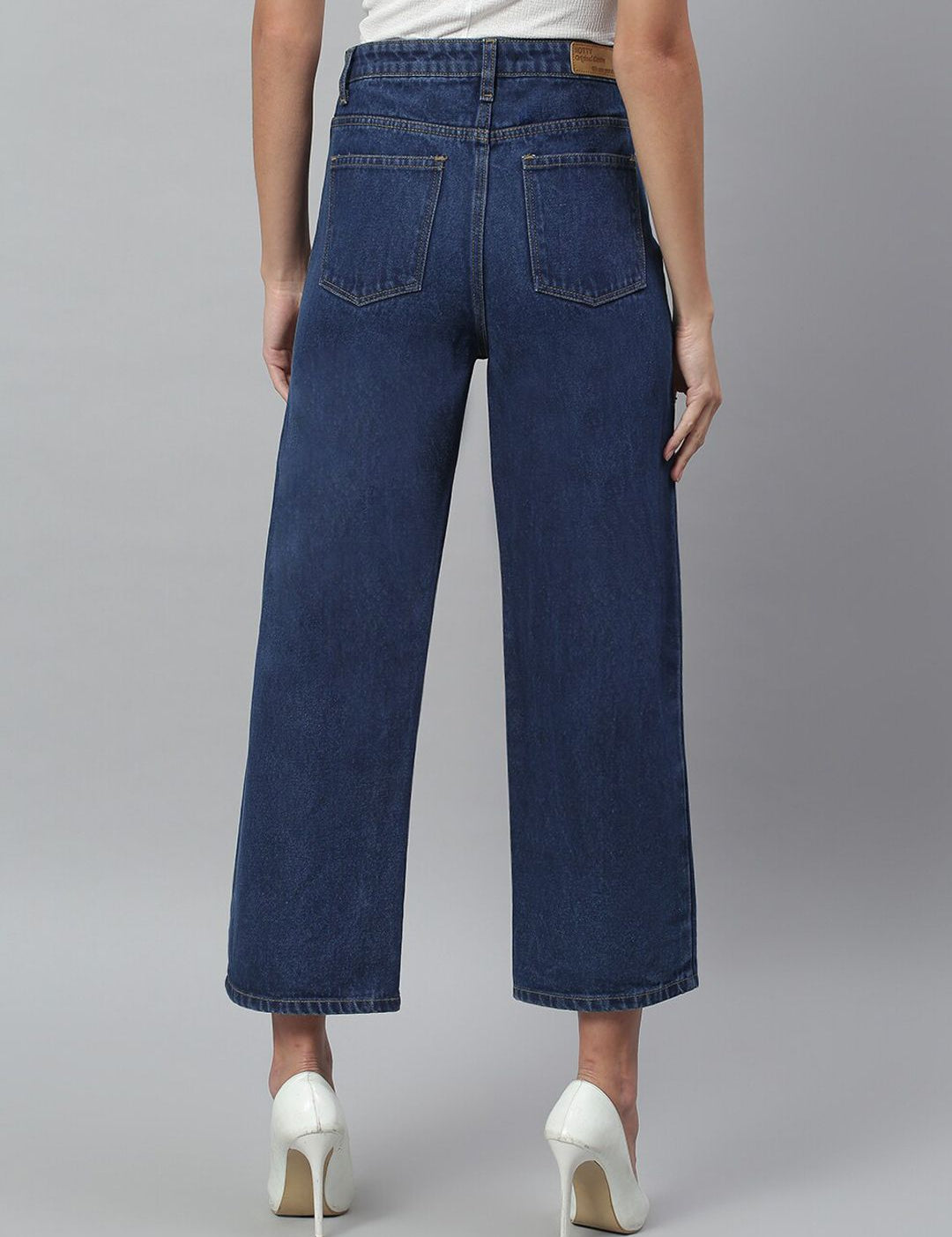 Kotty Women Blue Solid Cotton High Rise Crop Flared Jeans