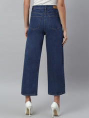 Kotty Women Blue Solid Cotton High Rise Crop Flared Jeans