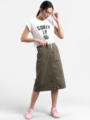 Kotty Women Olive Green Solid Denim Midi A-Line Skirt