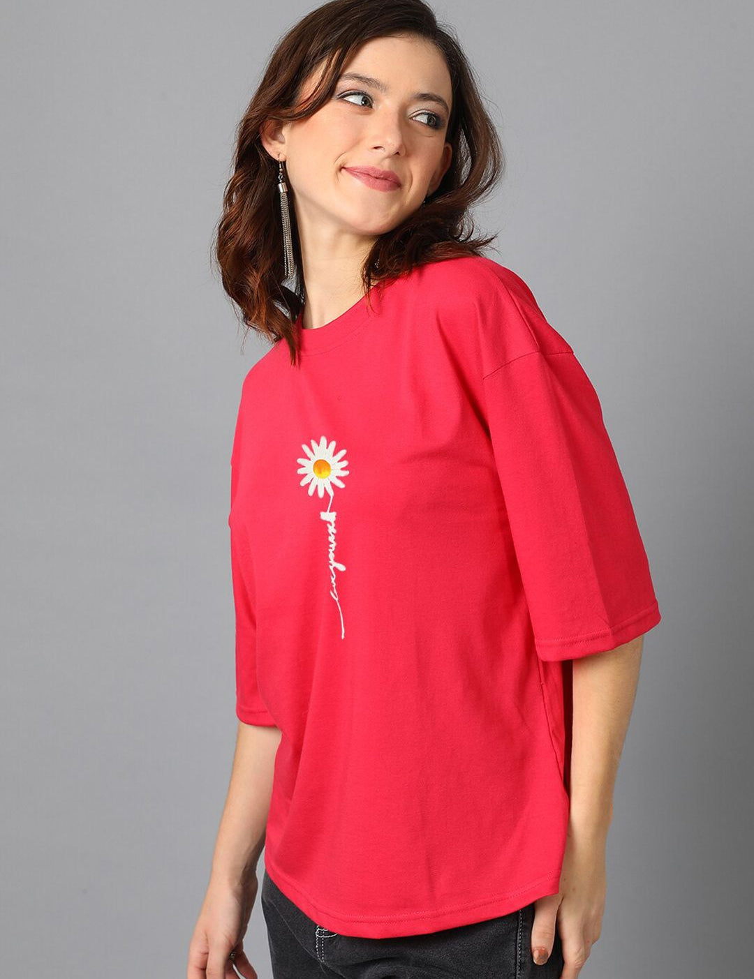 Kotty Red Typography Printed Drop-Shoulder Sleeves Oversized T-shirt