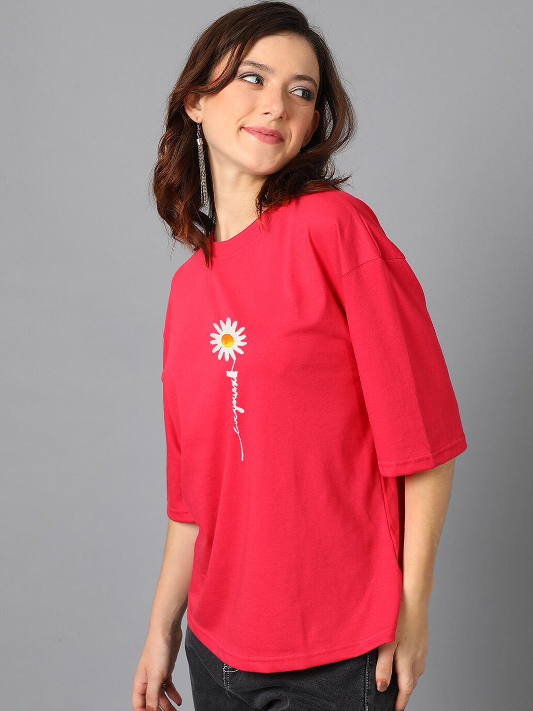 Kotty Red Typography Printed Drop-Shoulder Sleeves Oversized T-shirt