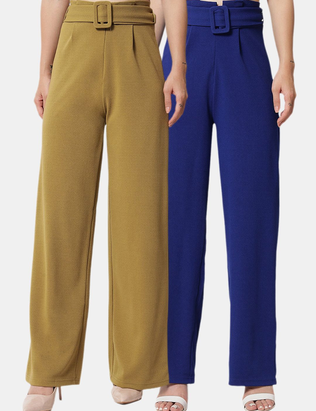 Kotty Women Pack Of 2 Relaxed High-Rise Straight Fit Easy Wash Pleated Trousers