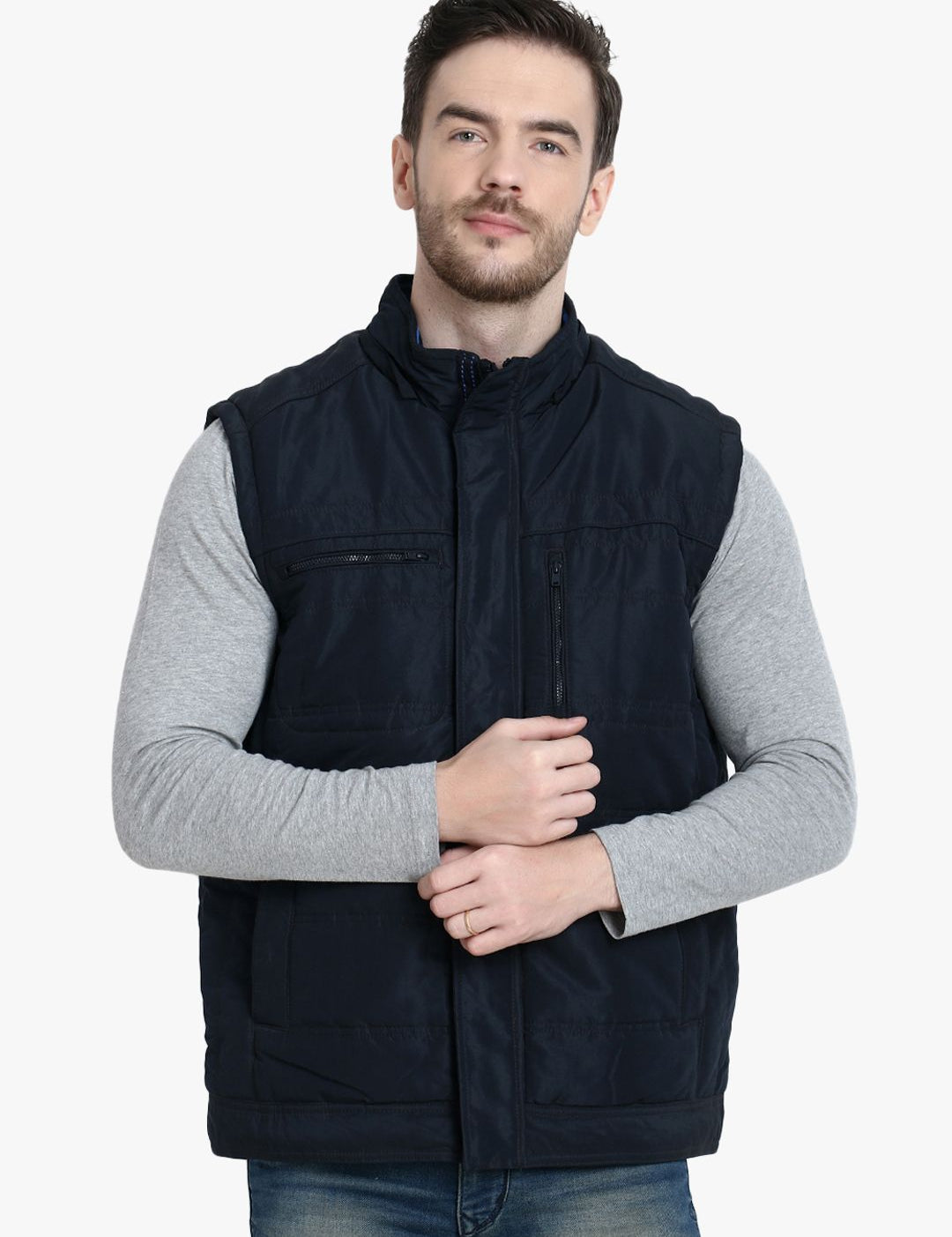 Kotty Men Navy Blue Solid Padded Jacket