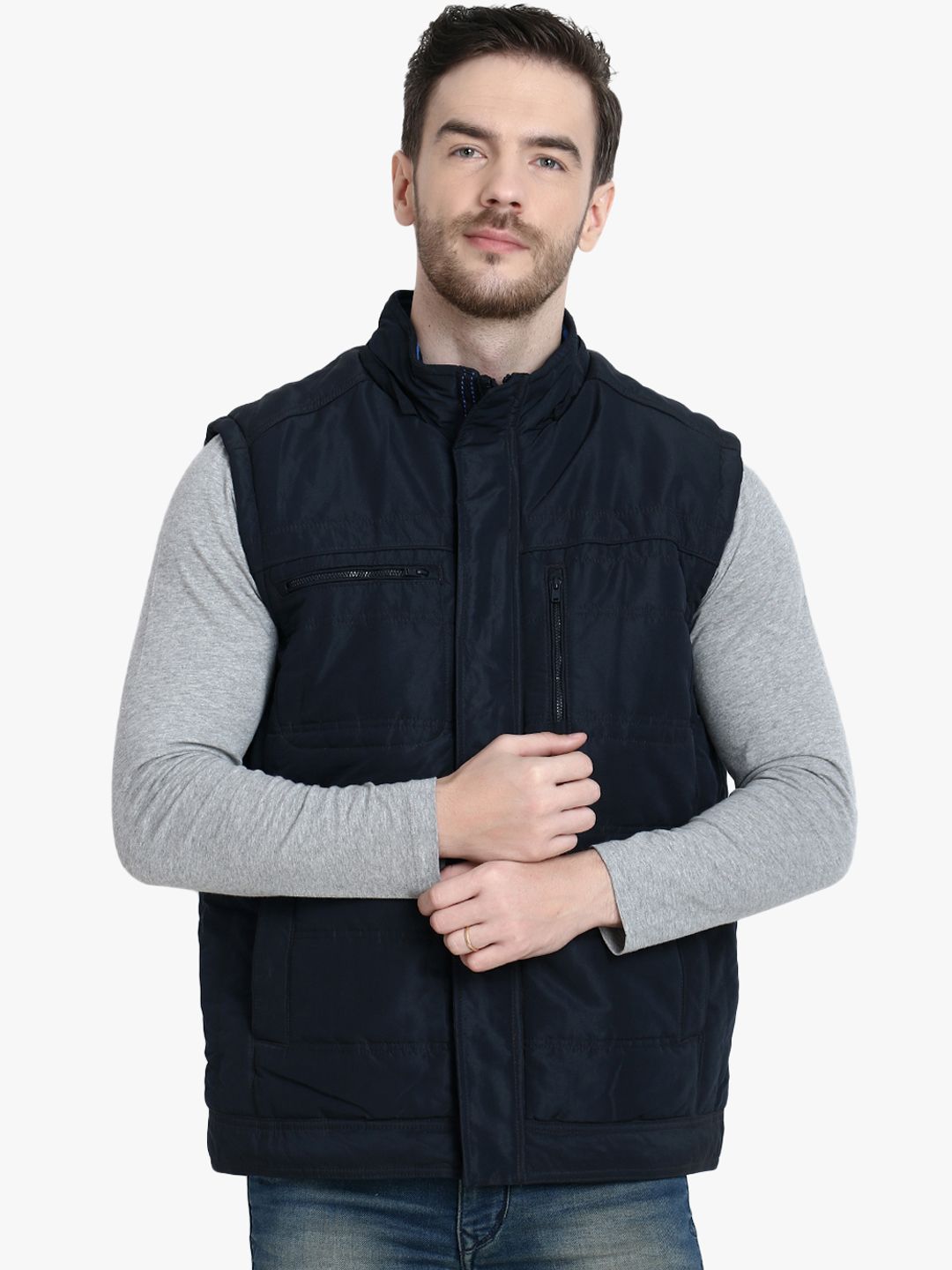 Kotty Men Navy Blue Solid Padded Jacket