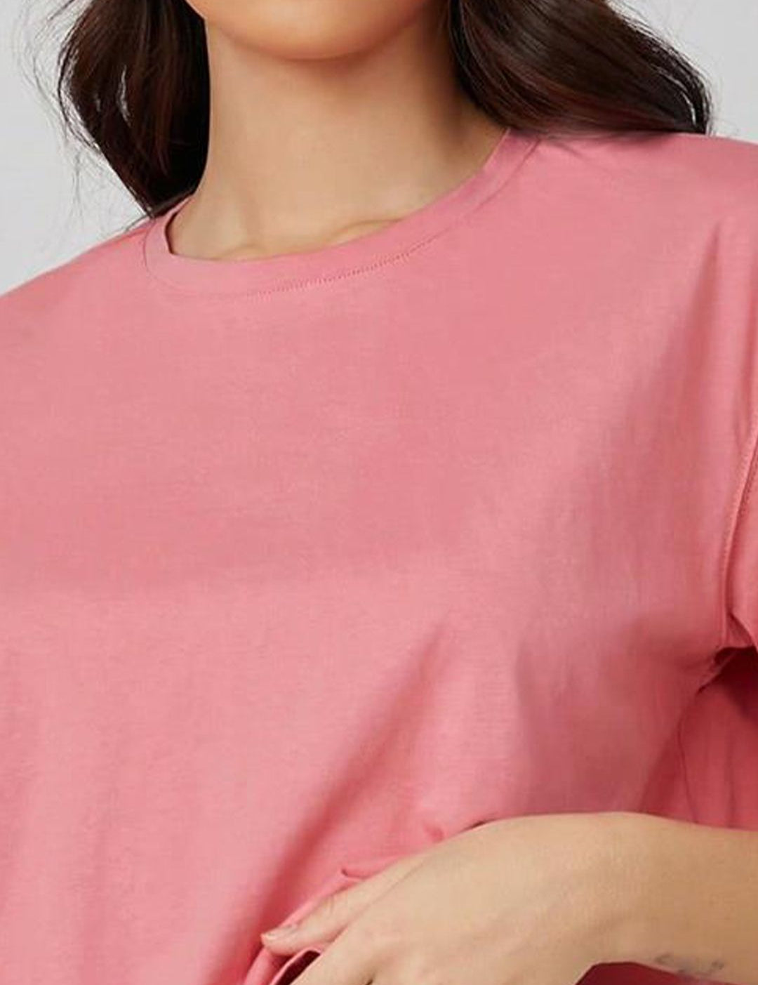 KOTTY Basics Pink Round Neck Drop-Shoulder Sleeves Crop Oversized T-shirt