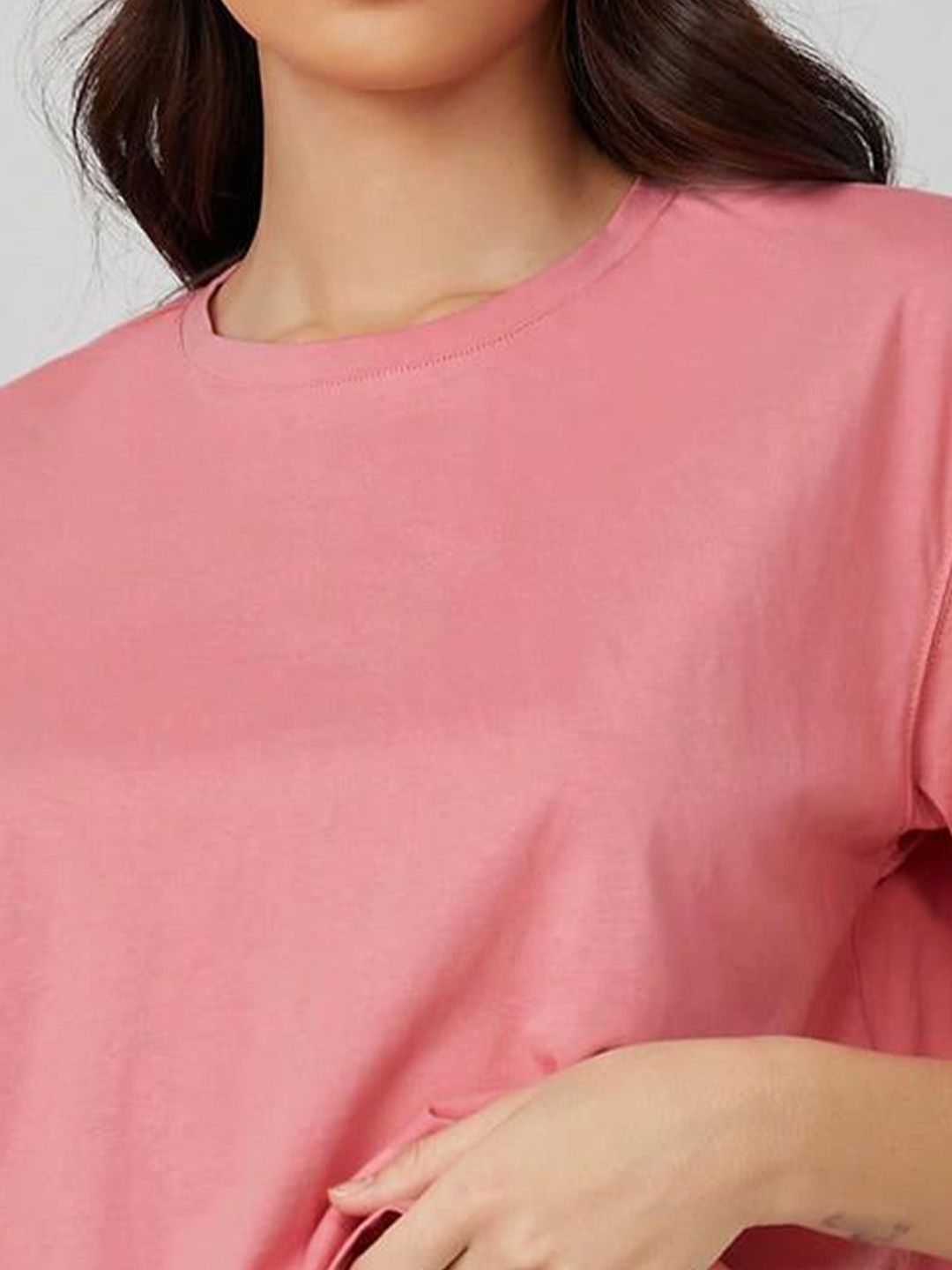 KOTTY Basics Pink Round Neck Drop-Shoulder Sleeves Crop Oversized T-shirt