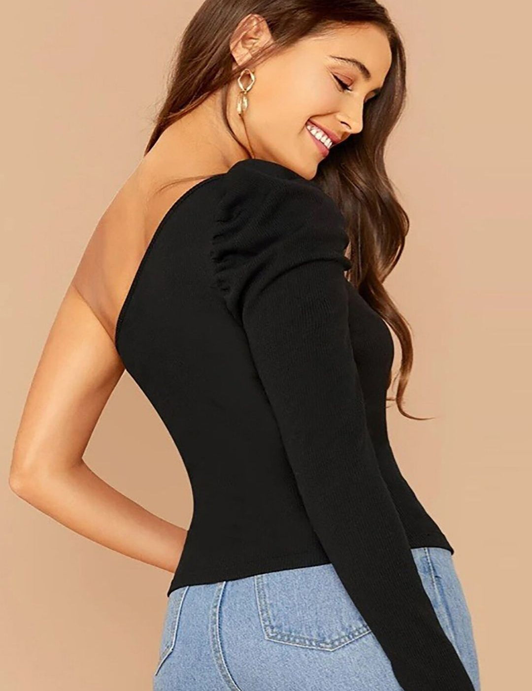 Kotty Black One Shoulder Puff Sleeve Top