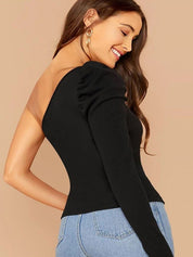 Kotty Black One Shoulder Puff Sleeve Top
