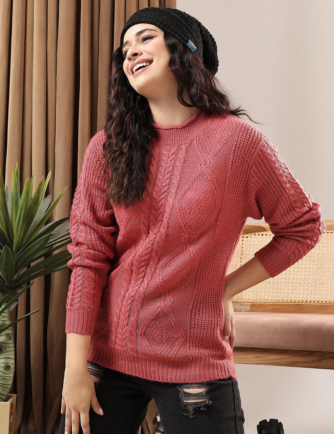 Kotty Women Self Design Cable Knit Pullover Sweaters