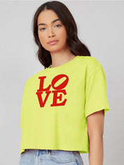 Kotty Yellow Typography Printed Drop-Shoulder Sleeves Cotton Oversized Crop T-shirt