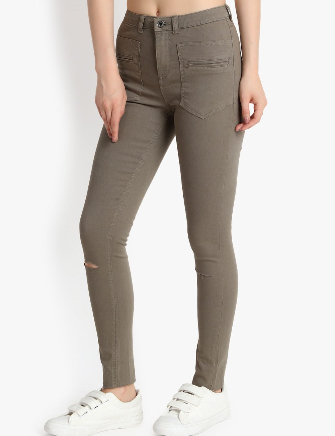 Kotty Women Taupe Skinny Fit High-Rise Slash Knee Jeans