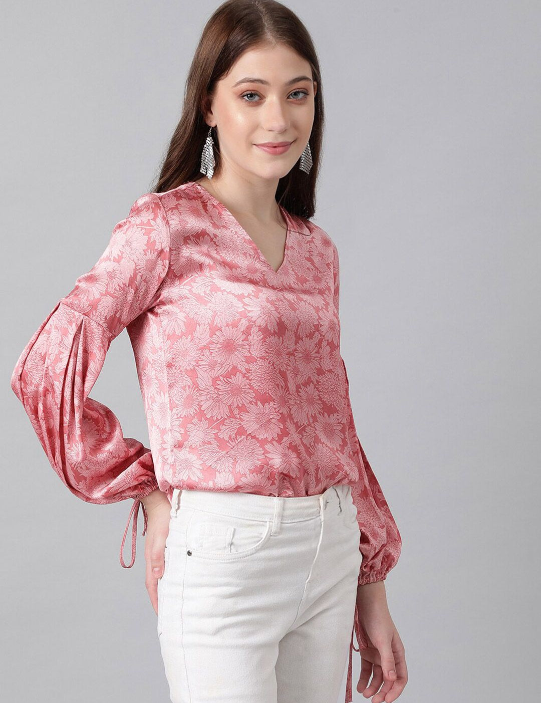 Kotty Pink Floral Printed Bishop Sleeves Satin Top