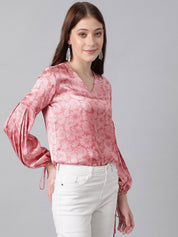 Kotty Pink Floral Printed Bishop Sleeves Satin Top