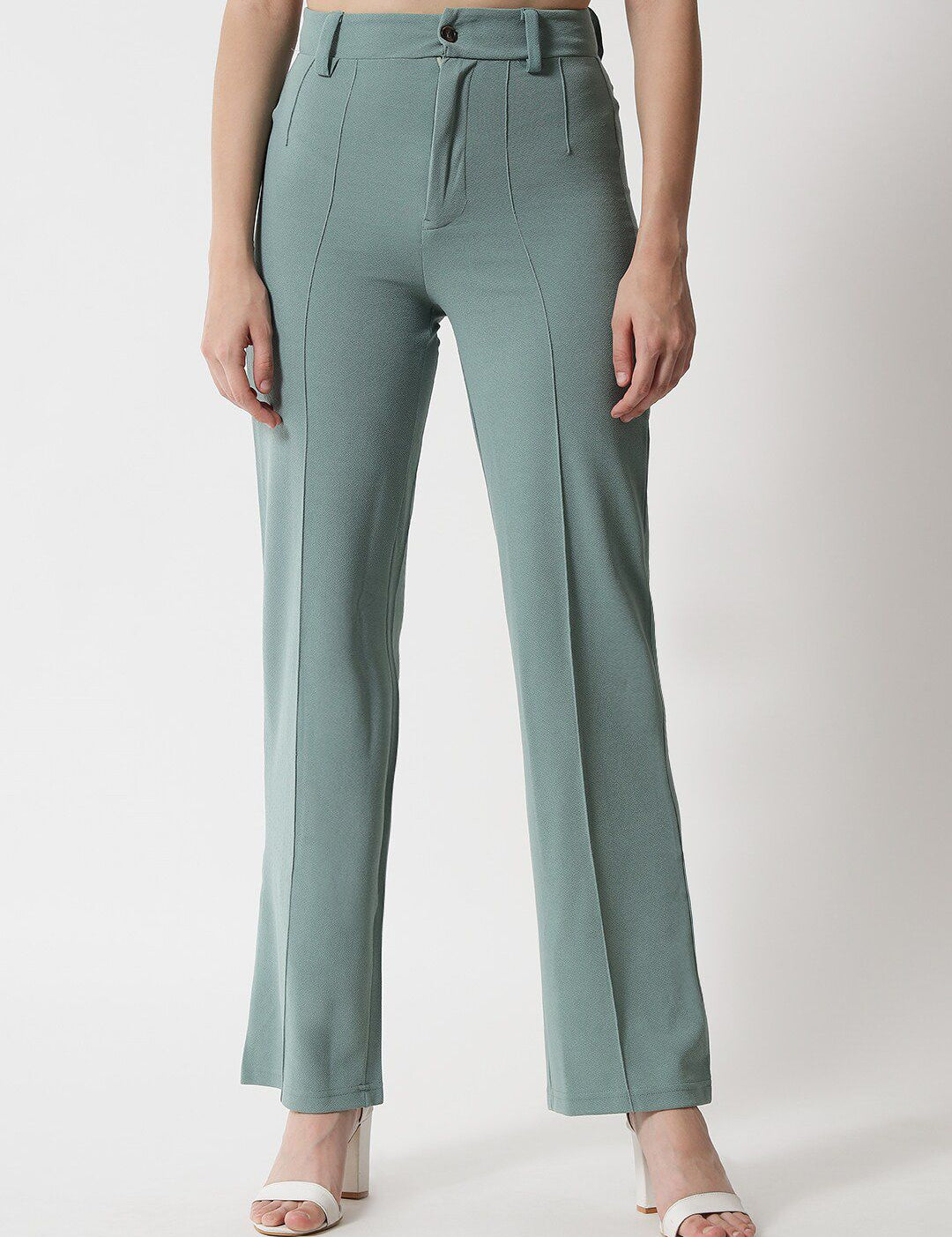 Kotty Women Green Relaxed Straight Fit High-Rise Easy Wash Trousers