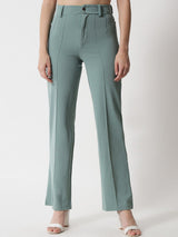 Kotty Women Green Relaxed Straight Fit High-Rise Easy Wash Trousers
