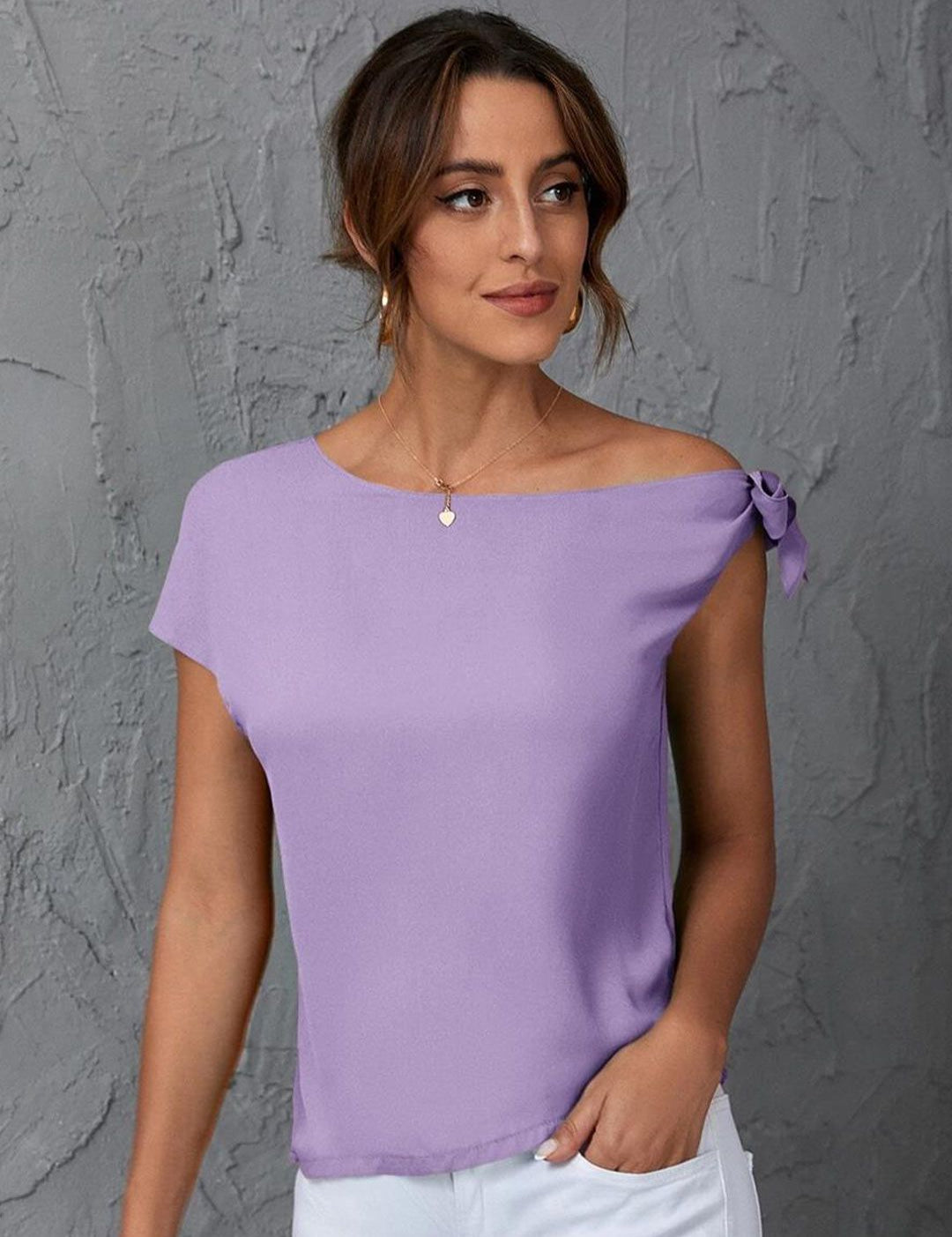 Kotty Purple One Shoulder Tie Up Extended Sleeves Regular Top