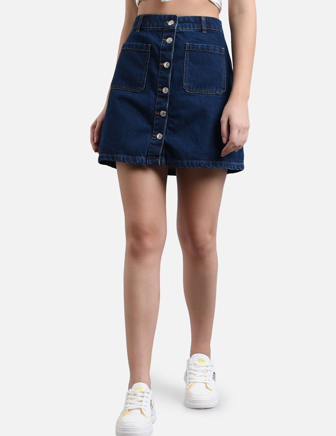 Kotty Women Navy Blue Solid Denim A-Line Mini Skirt