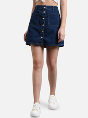 Kotty Women Navy Blue Solid Denim A-Line Mini Skirt