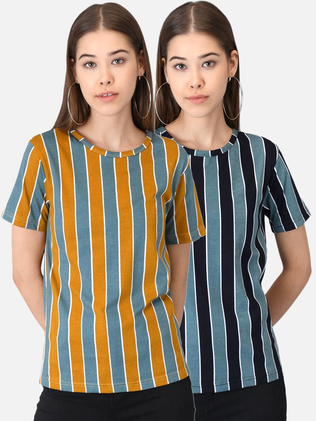 Kotty Women Pack of 2 Multicoloured Colourblocked Round Neck T-shirts