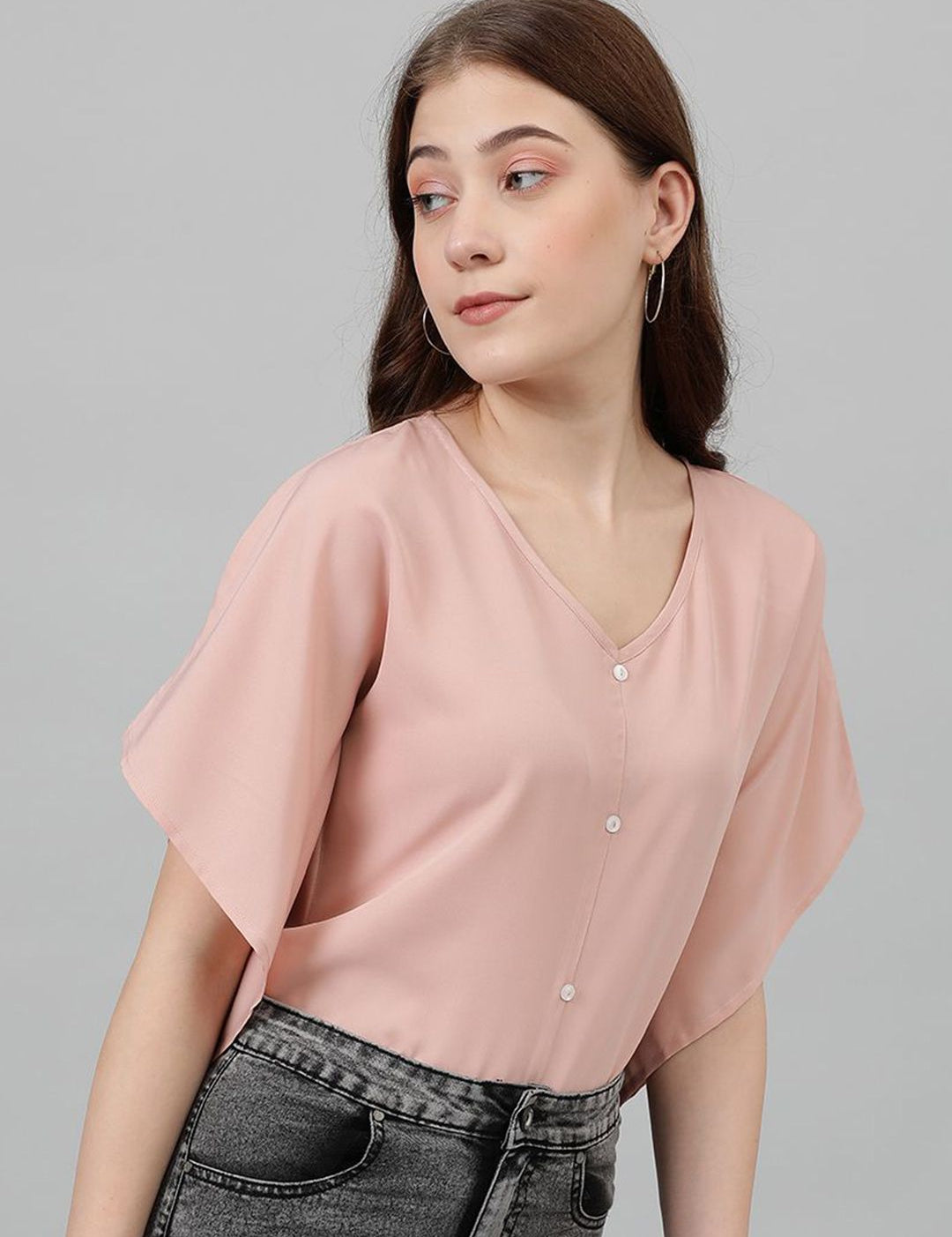 Kotty V-Neck Batwing Sleeves Solid Top