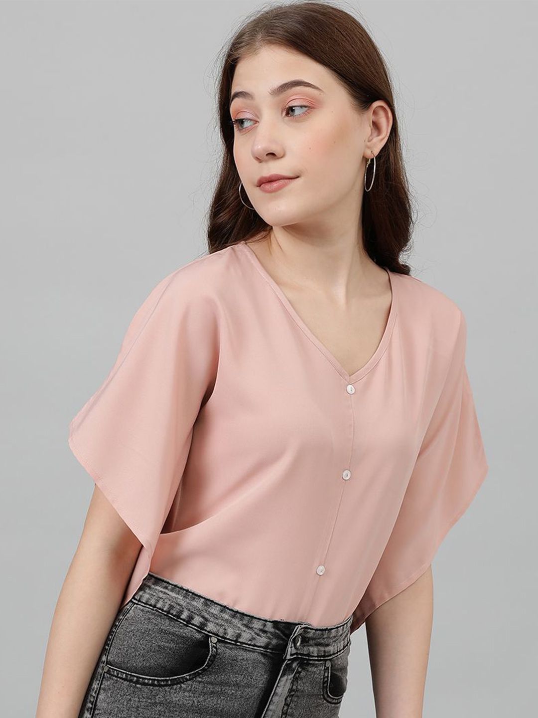 Kotty V-Neck Batwing Sleeves Solid Top