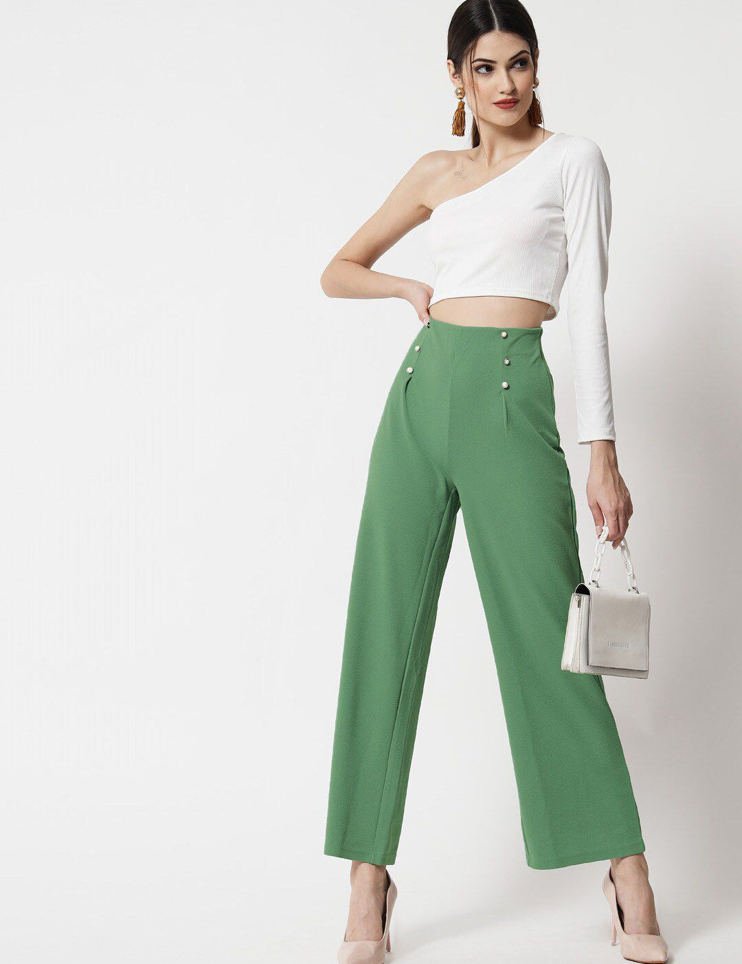 Kotty Women Green Relaxed Straight Fit High-Rise Easy Wash Pleated Trousers